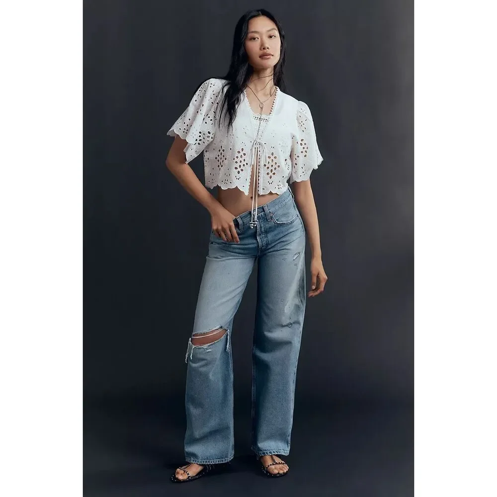New Anthropologie Maeve Tie-Front Eyelet Cropped Blouse One Size